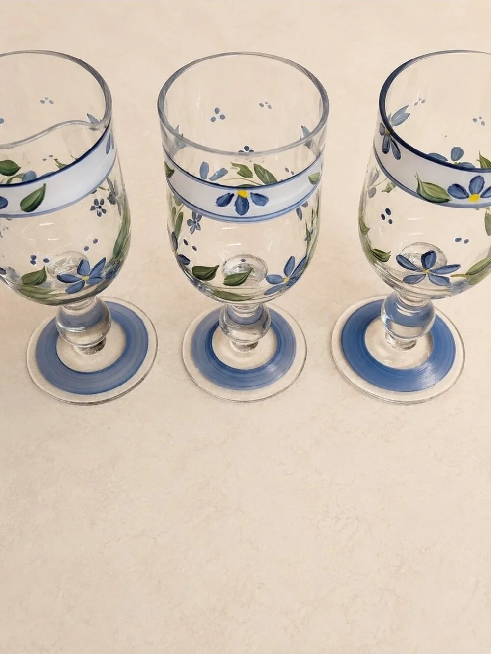 Vintage Hand Painted Blue Floral Glass Goblets Set of 3 Summer Breeze Style
